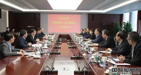 中國(guó)船舶集團(tuán)總經(jīng)理?xiàng)罱鸪蓵?huì)見中智集團(tuán)董事長(zhǎng)卜玉龍一行