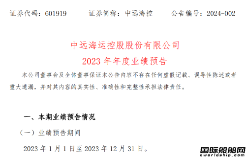 凈利潤同比大減！中遠海控發布2023年業績預告