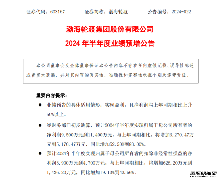 渤海輪渡:預計2024年中期實現凈利潤9500萬元至1.14億元