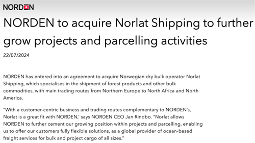 干散貨市場又一重大并購!Norden官宣收購Norlet