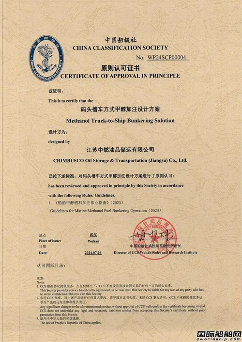 中國船燃江蘇公司獲國內首張大型箱船甲醇加注AIP證書